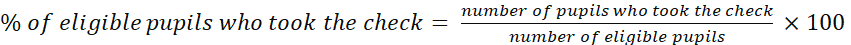 % of eligible pupils who took the check is calculated by dividing the number of pupils who took the check by the number of eligible pupils and then multiplying by 100