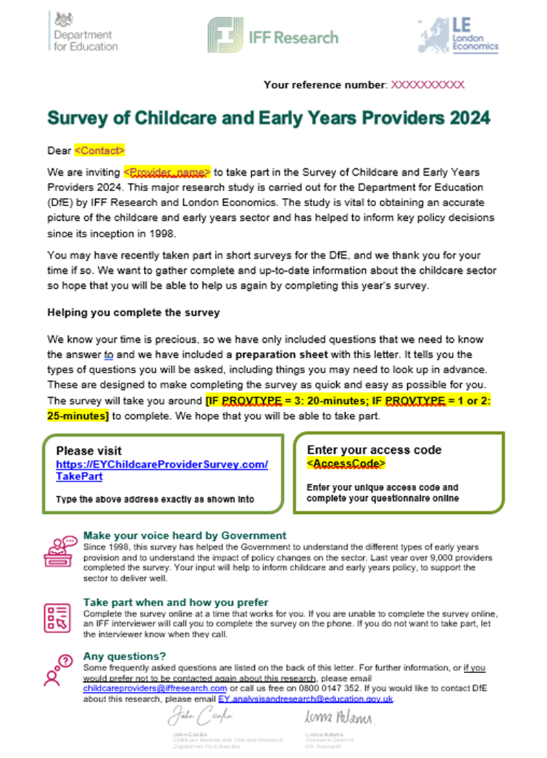 Letter inviting providers to participate in the 2024 Survey of Childcare and Early Years Providers, including a link for completing the survey