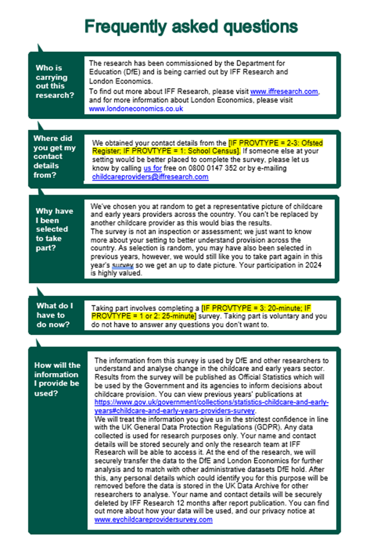 Frequently asked questions attached to the letter inviting providers to participate in the survey