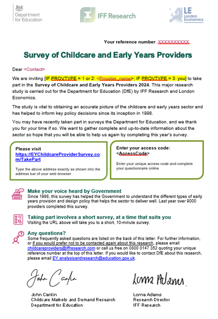 Letter inviting providers to participate in the short version of the 2024 survey of childcare and early years providers