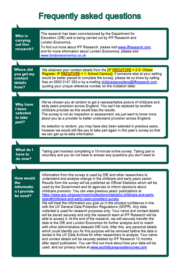 Frequently asked questions attached to the short survey invitation