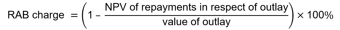 RAB charge = (1 - (NPV of repayments in respect of outlay)/(value of outlay))*100%